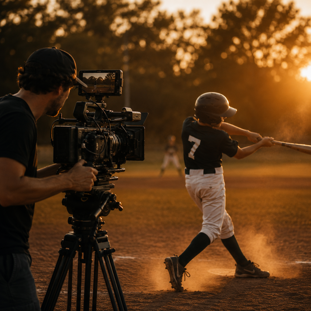 Documentary filmmaker filming a youth baseball player at golden hour — Legacy Line Media production